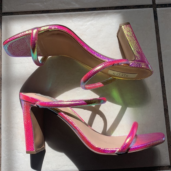 STEVEN NewYork Steve Madden snake skin Sparkly Iridescent Pink green neon heels - Picture 1 of 6